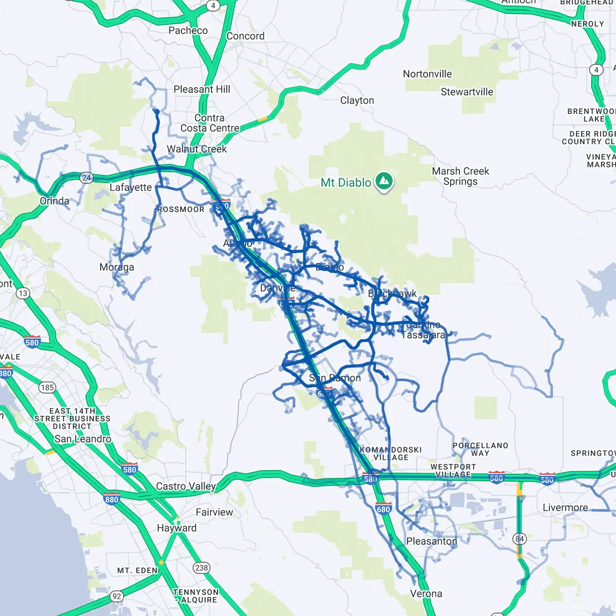 Atlantis Pools service coverage map showing East Bay areas